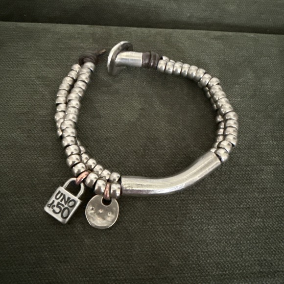 UNO de 50 Jewelry - Uno de 50 Leather and Silver Plated Beads Bracelet 7" BROKEN LEATHER